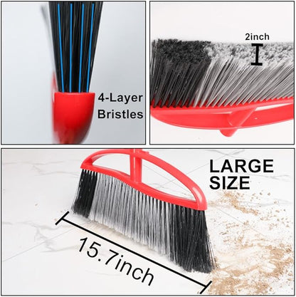 Outdoor Heavy Duty Broom, 15.7" All-Terrain Sweeper Featuring a Wide Angle Broom Design, Long Handle & Powerful Stiff Bristles for Patio, Garden, Garage, Yard (Red)