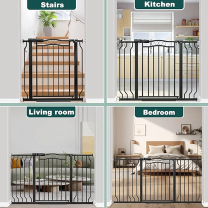 Fairy Baby 29.5"-33.5" Baby Gate for Doorways, Dog Gate for Stairs No Drill, Pressure Mounted Safety Pet Barrier with Arch Design, Auto Close Tension Metal Baby Gate with Door Indoor Outdoor, Black