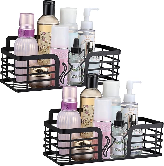 2 Pack Shower Caddy with Cat Black Metal Adhesive Shower Shelves Organizer Decorative Wall Mounted No Drilling Storage Shelf for Bathroom, Kitchen, Bedroom, Cats Lover Gifts