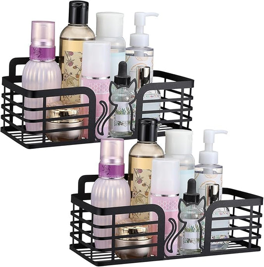 2 Pack Shower Caddy with Cat Black Metal Adhesive Shower Shelves Organizer Decorative Wall Mounted No Drilling Storage Shelf for Bathroom, Kitchen, Bedroom, Cats Lover Gifts