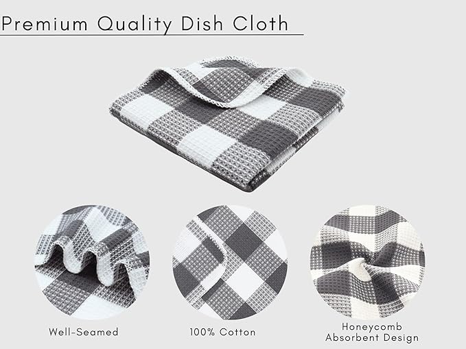 Waffle Weave Plaid Dish Cloths, 100% Cotton - 12 x 12 Inches, Ultra Soft Absorbent Quick Drying Dish Towels Buffalo Check Dish Rags for Kitchen, 8 Pack - Fall Thanksgiving-Steel Grey & White