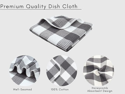Waffle Weave Plaid Dish Cloths, 100% Cotton - 12 x 12 Inches, Ultra Soft Absorbent Quick Drying Dish Towels Buffalo Check Dish Rags for Kitchen, 8 Pack - Fall Thanksgiving-Steel Grey & White