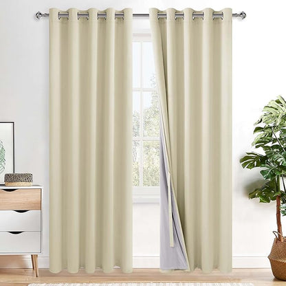 XWZO 100% Blackout Curtains - Heat and Full Light Blocking Drapes with Black Liner for Bedroom/Laundry Room, Grommet Top Window Panels with Tiebacks, Beige, W60 x L84, Set of 2
