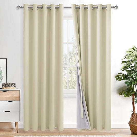 XWZO 100% Blackout Curtains - Heat and Full Light Blocking Drapes with Black Liner for Bedroom/Laundry Room, Grommet Top Window Panels with Tiebacks, Beige, W60 x L84, Set of 2