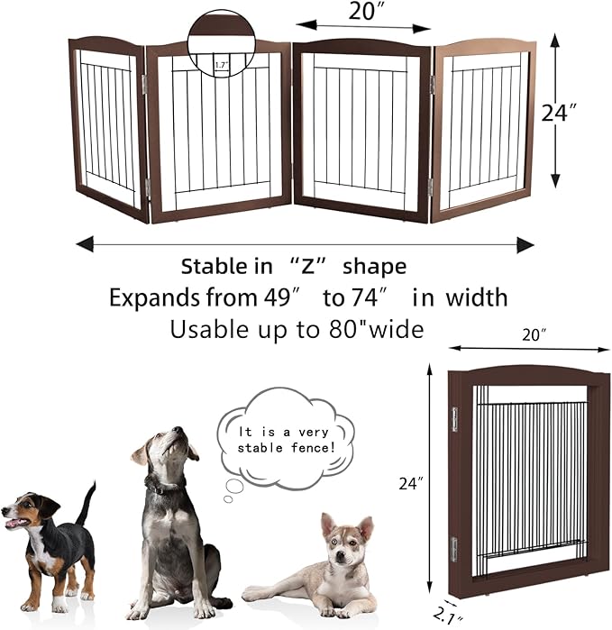 ZJSF Freestanding Foldable Dog Gate for House Extra Wide Wooden Brown Puppy Gate Stairs Dog Gates Doorways Tall Pet Gate 24 "Height 3 Panels Pet Fence