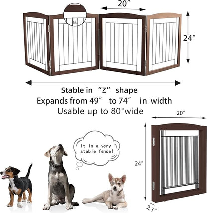 ZJSF Freestanding Foldable Dog Gate for House Extra Wide Wooden Brown Puppy Gate Stairs Dog Gates Doorways Tall Pet Gate 24 "Height 3 Panels Pet Fence