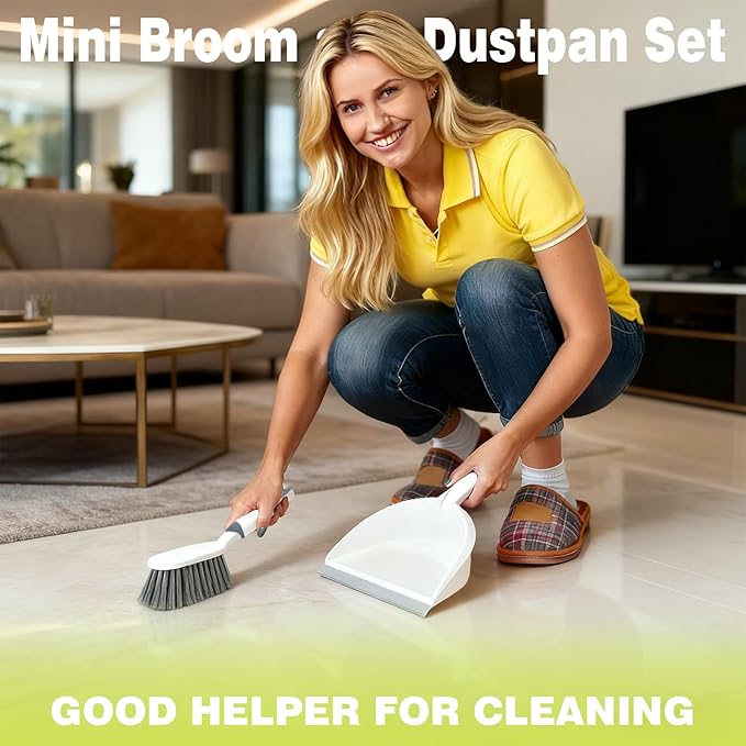 Dust Pan and Brush Set Small–Mini Broom and Dustpan Set 2 Pack, Hand Broom and Dustpan Set, Handheld Dustpan and Brush Combo for Kitchen, Desktop, Sofa, Car, Animal Cages
