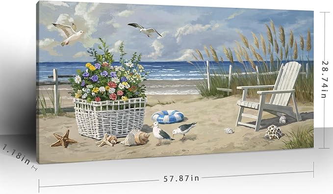 ARTZON Beach Pictures Wall Art – Blue Seascape Extra Large Ocean Scenery Print Floral Decorations Artwork Relaxing Seagulls Canvas Wall-decor for Restroom, Bedroom, Office, 58x29 Inch