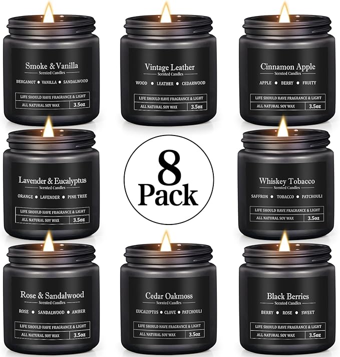 Men's Aromatherapy Gift Set - 8 Candles with Manly Scents (Leather, Smoke, Oak) in Black Candle Jars | Scented Candles for Home, Fall Decor | Perfect for Birthdays, Father's Day | Gifts