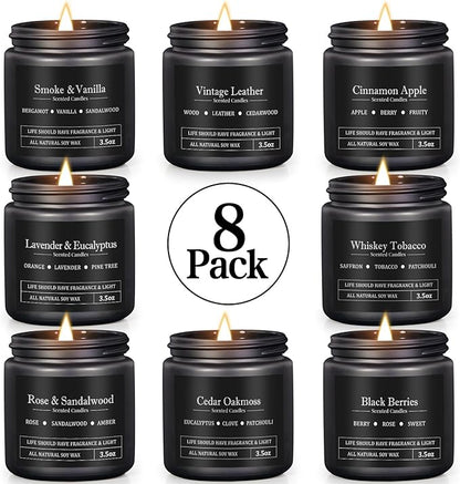 Men's Aromatherapy Gift Set - 8 Candles with Manly Scents (Leather, Smoke, Oak) in Black Candle Jars | Scented Candles for Home, Fall Decor | Perfect for Birthdays, Father's Day | Gifts