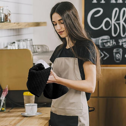 Fintale 100% Cotton Kitchen Towels and Dishcloths Set, 12 x 12 & 15 x 25 Inches, Set of 10 Bulk Super Soft and Absorbent Terry Cloth Dish Towels, Quick Drying Hand Towels with Hanging Loop, Black
