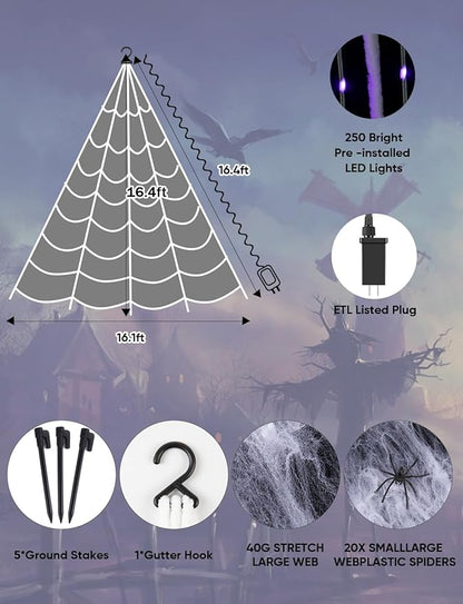 Giant Spider Webs Halloween Decorations - Outdoor Halloween Decor Lights with 250 LEDs,16.4FT Net,4Ft Spider, 8 Modes,Waterproof & Timer for Yard Porch Garden,Outside Costumes Party (Without Spider)