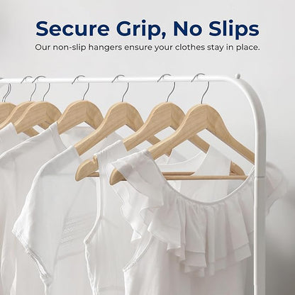 SereneLife Solid Wooden Hangers, Mega Pack, 50 Pieces Hangers for Clothes, Heavy Duty Suit Hanger Set with Chrome 360 Degree Swivel Hook, Notched Design, Natural Wood Color