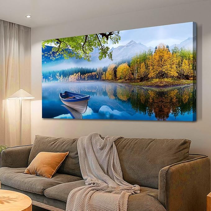 Arjun Lake Canvas Wall Art Blue Mountain Sky Nature Landscape Picture Boat Artwork Modern Scenic Painting Framed for Living Room Bedroom Dinning Room Home Office Wall Decor, Extra Large Size 58"x29"