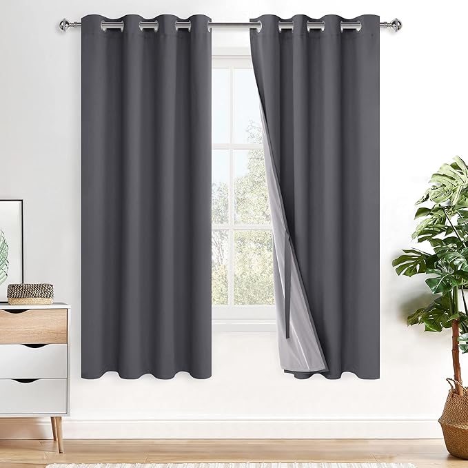 XWZO Full Shading Blackout Curtains 72 Inches Length - Heat and Light Blocking Ring Top Window Drapes with Black Liner Backing for Bedroom Sewn with Tiebacks, Dark Grey, W52 x L72, Set of 2
