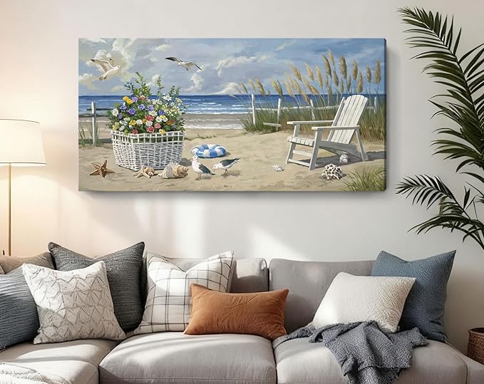 ARTZON Beach Pictures Wall Art – Blue Seascape Extra Large Ocean Scenery Print Floral Decorations Artwork Relaxing Seagulls Canvas Wall-decor for Restroom, Bedroom, Office, 58x29 Inch