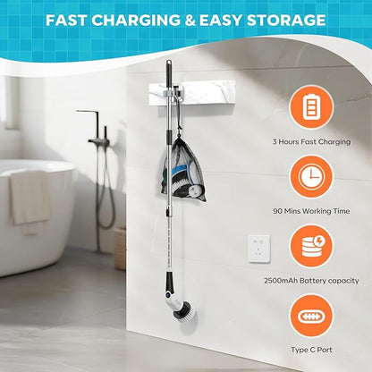 YKYI Electric Spin Scrubber,Cordless Cleaning Brush,Shower Cleaning Brush with 8 Replaceable Brush Heads,Power Scrubber 3 Adjustable Speeds,Adjustable & Detachable Long Handle,Voice Broadcast