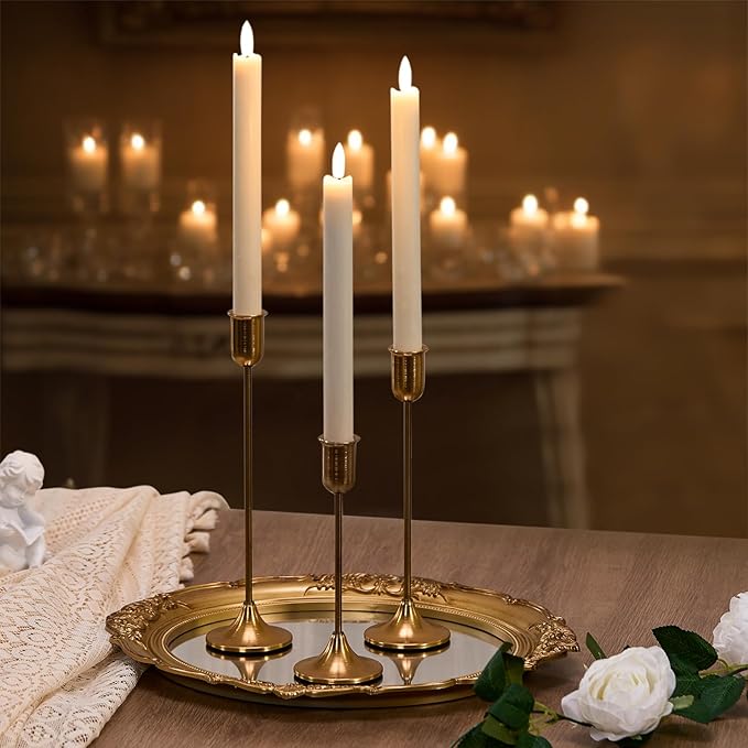 Candlestick Holders, Taper Candle Holders Set of 3, Gold Vintage Candle Sticks Holder Decor for Table Centerpiece, Fireplace Mantel, Weddings & Housewarming Décor with Gift Box