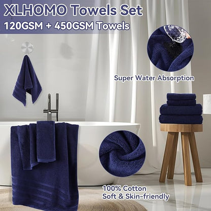 Navy Blue Bathroom Accessories with Bath Towels Ombre Shower Curtain, Blue Bathroom Setwith Trash Can,Toothbrush Holder,Toothbrush Cup,Soap Dispenser,Soap Dish,Toilet Brush and Qtip Holders