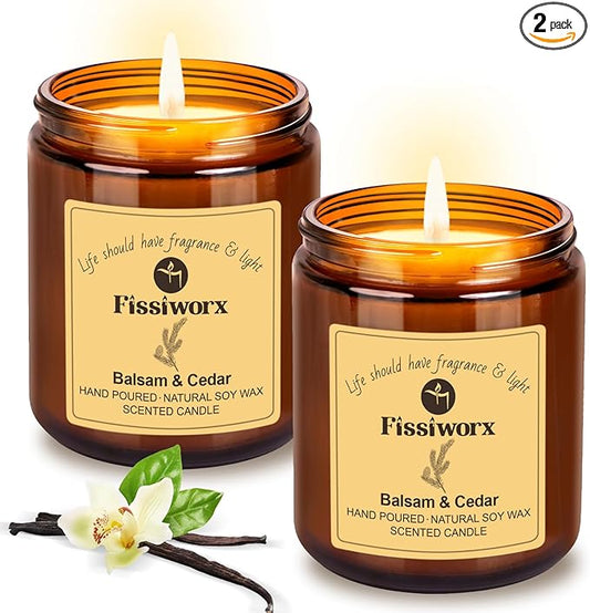 Balsam & Cedar Scented Candle Set 2 Pack – Natural Soy Wax Hand-Poured – Relax and Relieve Stress – 60-Hour Long-Lasting Burn – Premium Aromatherapy Candle for Home Decor, Gifts