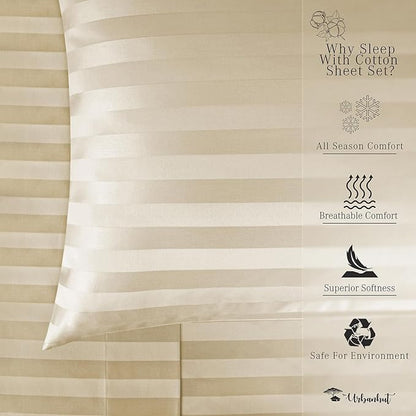 URBANHUT 800 Thread Count Egyptian Cotton Damask Striped King Size Sheets Set (4 Pc) - Ultra Soft & Smooth, Sateen Weave King Size Sheets, Luxury Hotel Sheets with 16" Deep Pocket - Sand