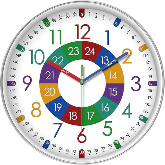 XFM Learning Clock for Kids Silent Non Ticking Battery Operated Colorful Teaching Time Clock 14 Inch Decorative Big Analog Clock for Kids Room Classroom School Playroom