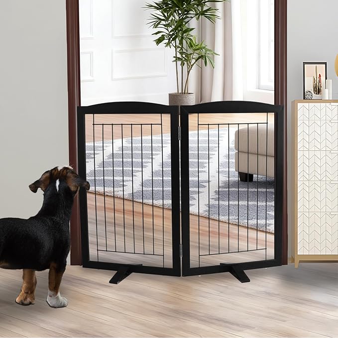 ZJSF Freestanding Dog Fence Indoor, Foldable Dog Gate for Doorways, Stairs or Hallways, Sturdy Wood Extra Wide Pet Gate with Support Feet for The House, Black, 32 "Height-2 Panels