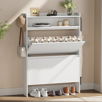 Shoe Cabinet Organizer with 2 Flip Drawers，Freestanding Shoe Rack Cabinet, Shoe Cabinet Storage for entryway, Foyer, Hallway, White, 31.5" W