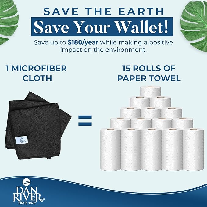 DAN RIVER 12-Pack Microfiber Towels – Ultra Absorbent, Lint-Free & Streak-Free Detailing Towels for Home, Car & Kitchen - Must-Have Cleaning Essentials - 12" x 12" - Gray White Black