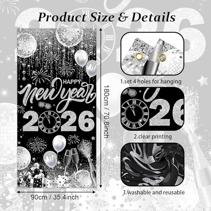 2026 Happy New Year Door Cover Banner Black and Sliver Photography Background New Years Eve Party Decoration Backdrop Holiday Party Hanging Poster Background Banner 35.4x70.8inch