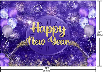 MEHOFOND Happy New Year Backdrop Purple 2026 New Year Eve Party Decorations Banner Supplies Shining Champagne Balloons Firework Photography Background New Years Eve Photo Studio Props 7x5ft