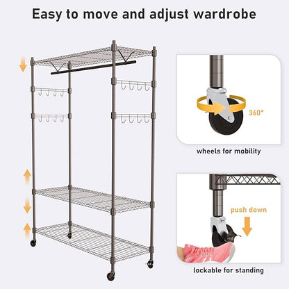 Heavy Duty Clothes Rack, Adjustable Rolling Garment Rack with Shelves, Freestanding Wardrobe Rack 1 Clothes Hanging Bar, 3 tired Wire Shelving, 4 Hanger Hooks - Hold Up to 400Lbs (Gray, 1Rod 4Hook)