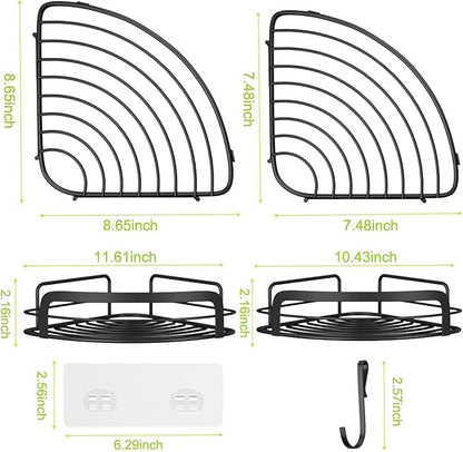 STEUGO Black Bathroom Corner Shower Shelfs, Adhesive Wall Mounted Shower Caddy with 4 Movable Hooks, Rustproof Stainless Steel Bathroom Shower Organizer, No Drilling Wall Mount 2-Pack
