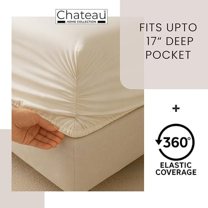 100% Egyptin Cotton Sheets Queen Size Bed Set, 400 Thread Count 15" Deep Pocket Queen Sheets, Sateen Weave 4 Piece Naturally Cool Soft Breathable Elasticated Luxury Bedding For All Seasons- Mineral