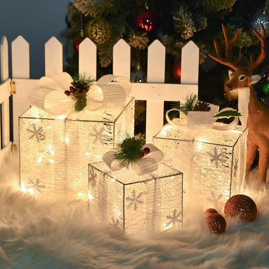 Christmas Lighted Gift Boxes with Snowflake Ornament, 3 Pack Pre-lit Present Boxes Set Battery Operated with Different Sizes for Holiday Indoor Outdoor Decorations (3 Pack) (Snowflake-2)