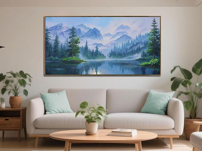Ardemy Lake Canvas Wall Art for Living Room Large Framed Teal Landscape Pictures Bedroom Wall Decor Textured Misty Forest Scenery Paintings Artwork for Walls Home Office, 48"x24"