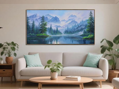 Ardemy Lake Canvas Wall Art for Living Room Large Framed Teal Landscape Pictures Bedroom Wall Decor Textured Misty Forest Scenery Paintings Artwork for Walls Home Office, 48"x24"