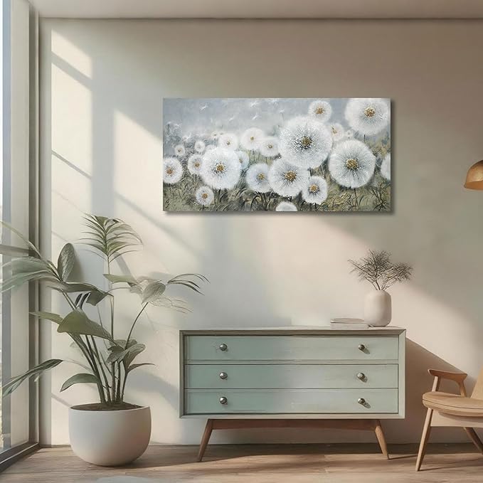 Ardemy Dandelion Wall Art Large Floral Pictures Wall Decor Living Room Flowers Paintings Textured Artwork for Walls Bedroom Bathroom Kitchen Dining Room Home Office, 40"x20"