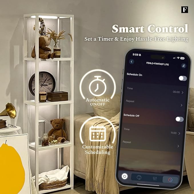 FENLO LED Display Shelf Unit – Dimmable Lighted Furniture for Bedroom, Living Room, or Office – Glass Curio Cabinet Shelf Lamp with App + Remote Control + Adjustable Lighting