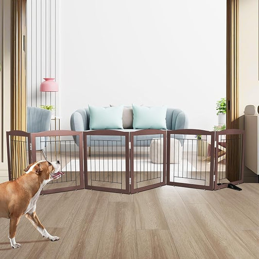 ZJSF Freestanding Dog Fence Indoor, Foldable Dog Gate for Doorways, Stairs or Hallways, Sturdy Wood Extra Wide Pet Gate with Support Feet for The House, Brown, 24 "Height-6 Panels