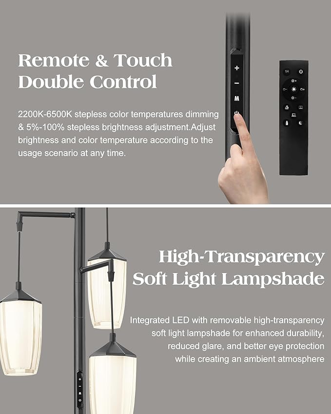 ELYONA Modern Dimmable Floor Lamp, 3-Light Standing Lamp with Remote & Touch Control, Stepless Adjustable 2200K-6500K Colors & Brightness 24W LED Reading Light for Bedroom Living Room Office, Black