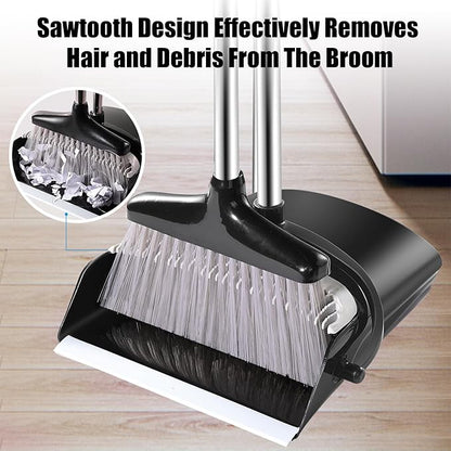 Broom and Dustpan Set with Long Handle and 6 Bonus Cleaning Tools, Upright Standing Combo with Self-Cleaning Teeth & Windproof Dustpan for Pet Hair, Home, Kitchen, Garage, Apartment