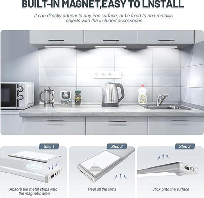 6 Pack Under Cabinet Lighting Wireless, 32 LED Rechargeable Battery Motion Sensor Light Indoor, Stick On Magnetic Closet Lights, Under Counter Lights for Kitchen, Stairs, White 8 in