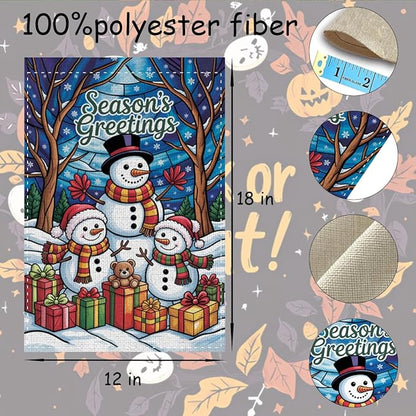 Fokongna Winter Hello Snowman Garden Flag, Season's Greetings Merry Christmas Garden Flag, 12x18 Inch Burlap Vertical Double Sided Flags, for Home Yard Outside Decorations