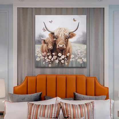 Anolyfi Bathroom Highland Cow Canvas Wall Art Rustic Flower Farmhouse Picture Animal Landscape Painting Abstract Textured Artwork Framed for Bedroom Living Room Kitchen Office Home Decor 20"x20"