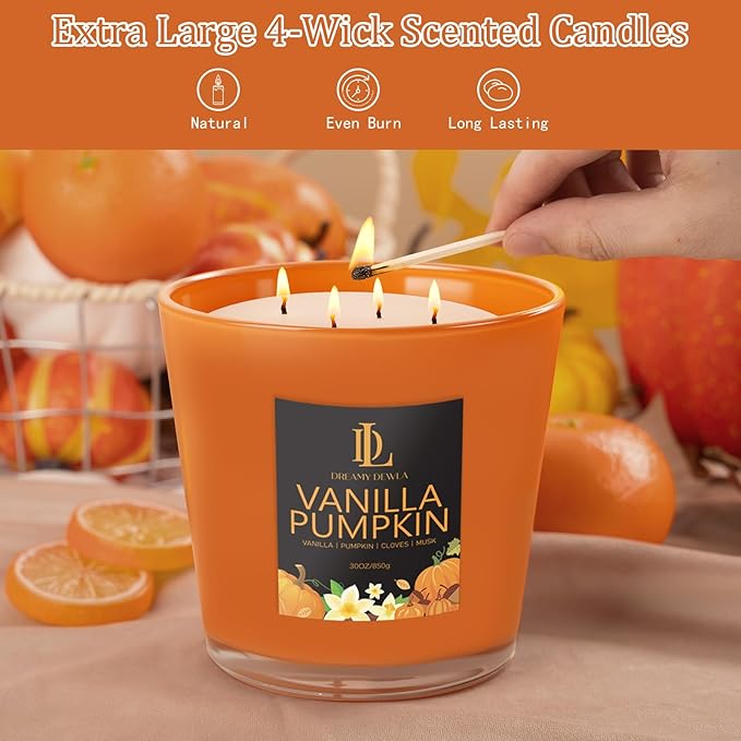 Large Candle Vanilla Pumpkin Scented, 4 Wick Natural Soy Candles for Home Scented, 30oz Big Candle Long Lasting, Home Aromatherapy Candles Housewarming Valentine's Day Gift for Women Men