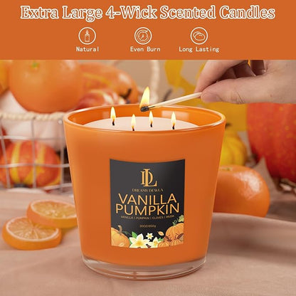 Large Candle Vanilla Pumpkin Scented, 4 Wick Natural Soy Candles for Home Scented, 30oz Big Candle Long Lasting, Home Aromatherapy Candles Housewarming Valentine's Day Gift for Women Men