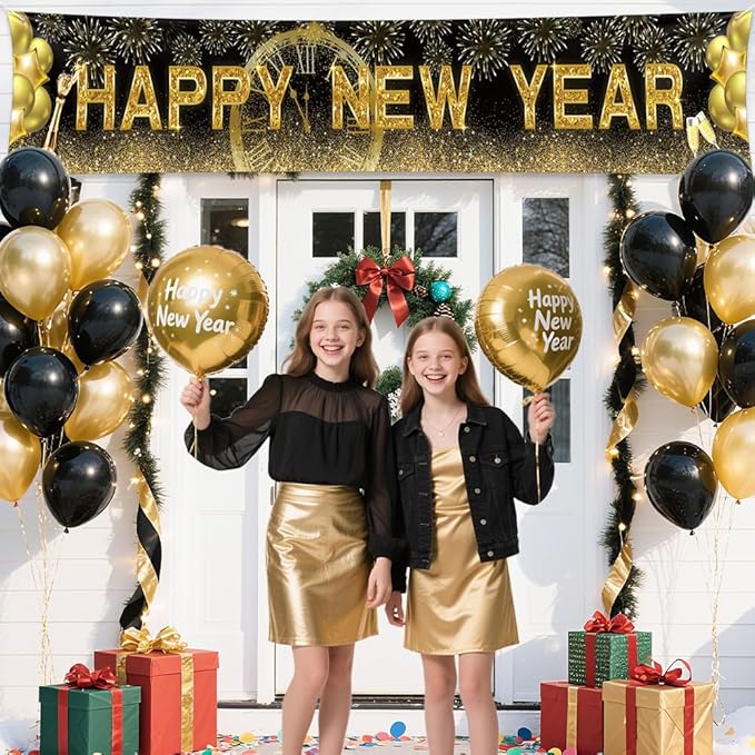 New Years Eve Banner for 2026, Gold Happy New Year Backdrop Great New Yeras Decorations for Outdoor Indoor Home Wall 118x19.69inch
