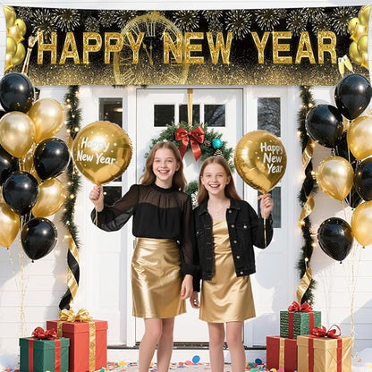 New Years Eve Banner for 2026, Gold Happy New Year Backdrop Great New Yeras Decorations for Outdoor Indoor Home Wall 118x19.69inch