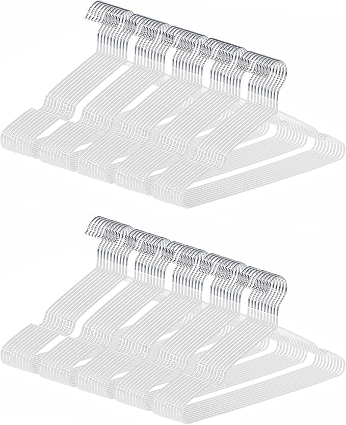 Ultra-Thin Metal Hangers, 100 Pack Non-Slip PVC Coated Space Saving Clothes Hangers for Closet, 16 inch Wide for Suits, Dresses, Jackets（White）